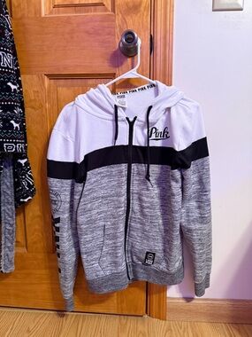 PINK Victoria's Secret White, Black & Gray Colorblock Zip Hoodie